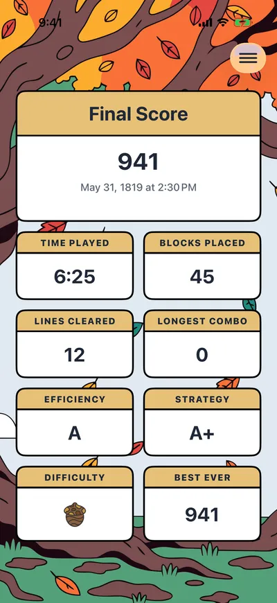 Game detail screen showing score breakdown